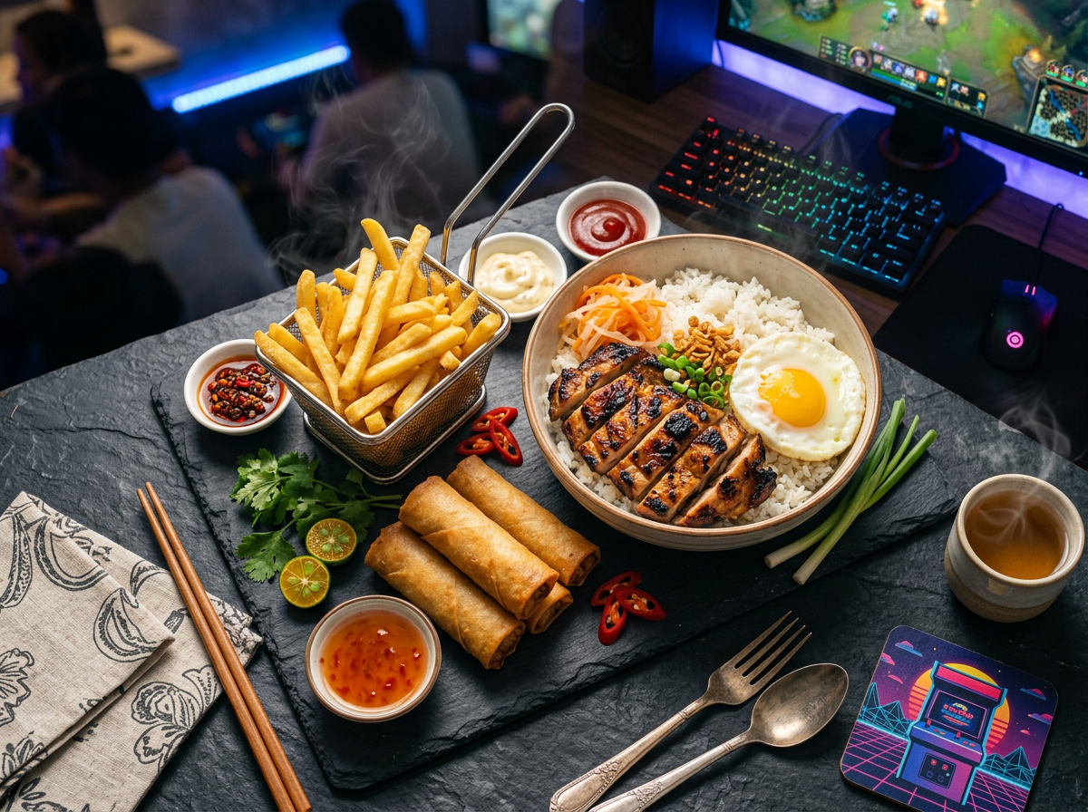 Sharing food platter with spring rolls and fries