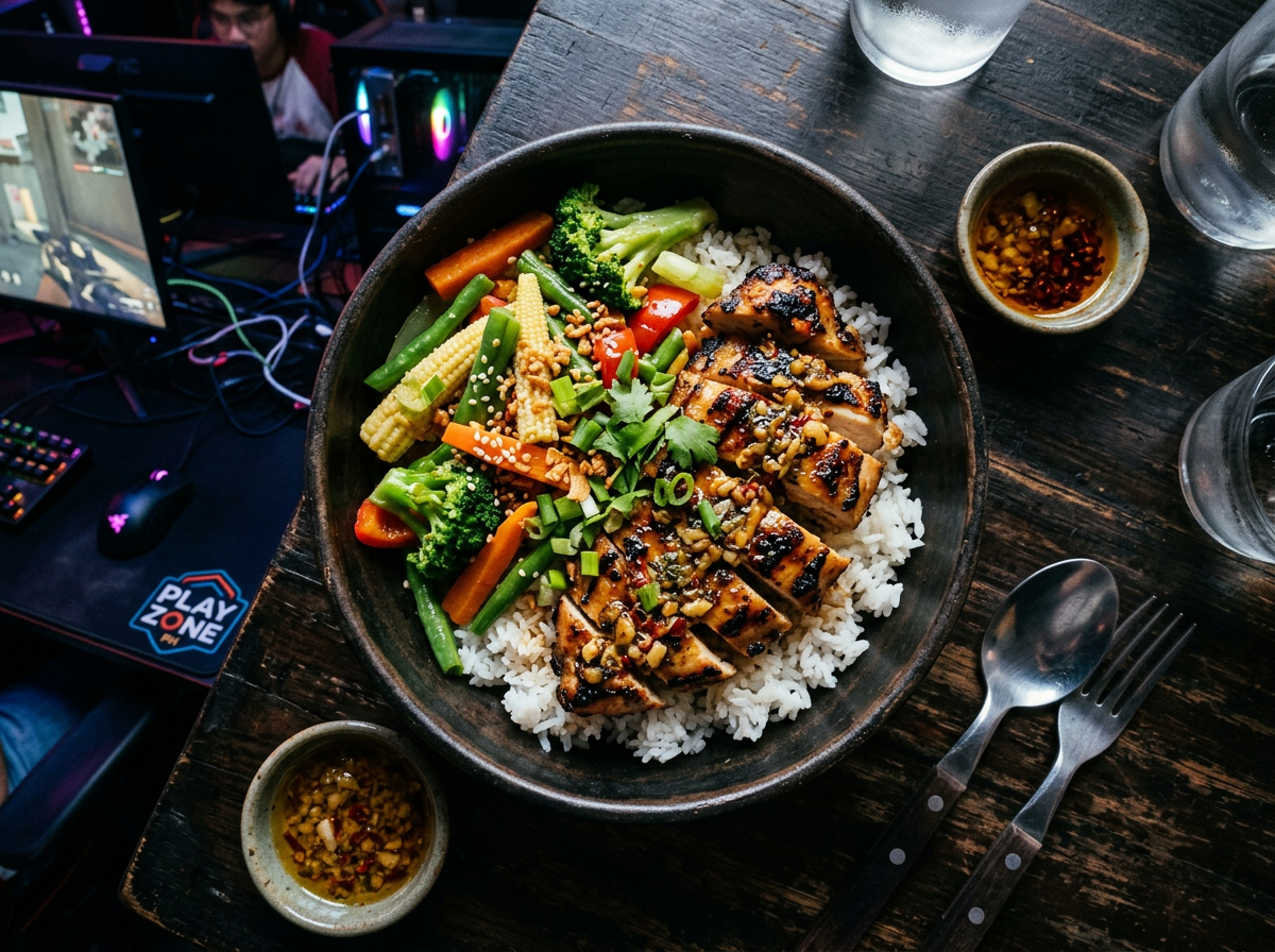 Grilled chicken garlic rice bowl